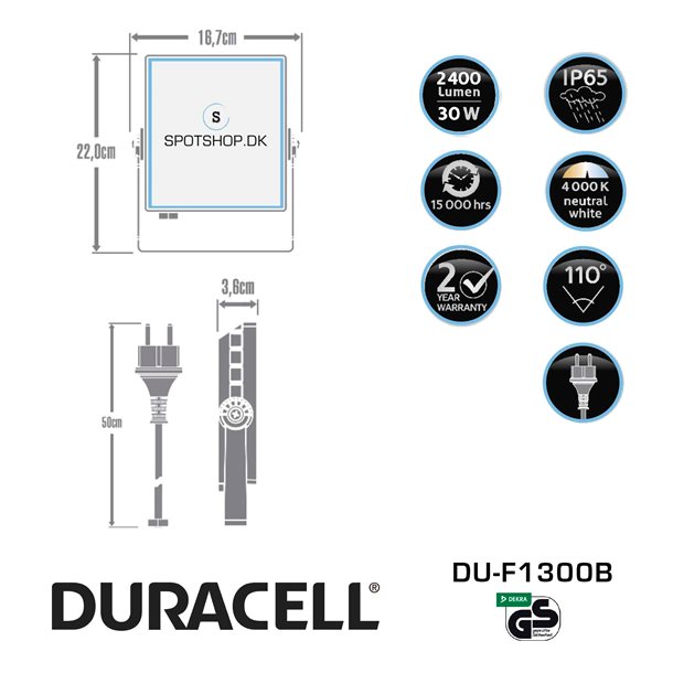 DURACELL LED projektør 30W 2400 lumen #DU-F1300B  